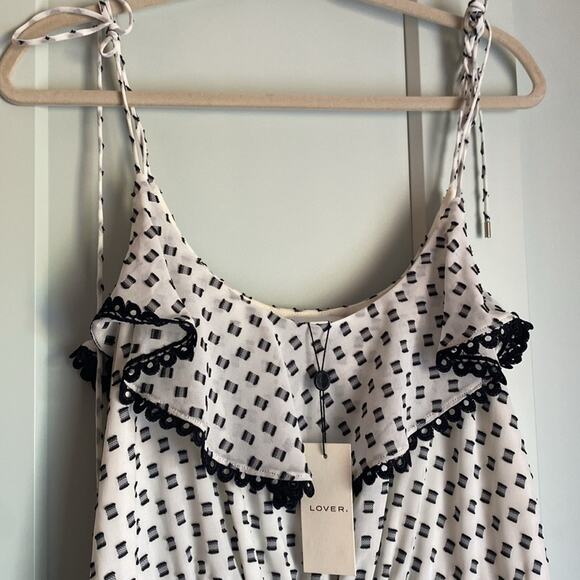 NWT Lover the Label white and black polka dot tiered ruffle midi dress sz 2 - Picture 2 of 8